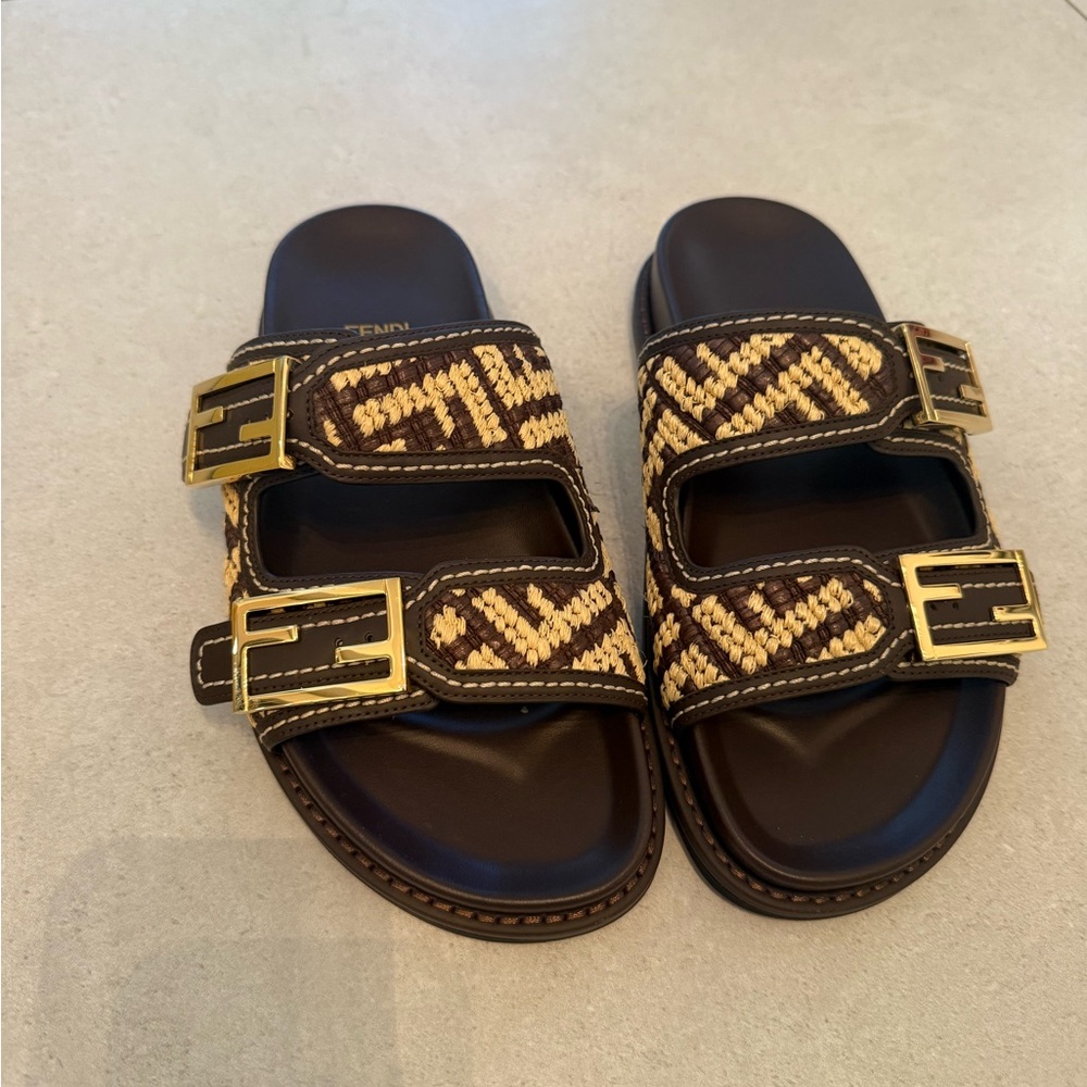 Fendi Tan and Brown Sandals with Gold Buckles